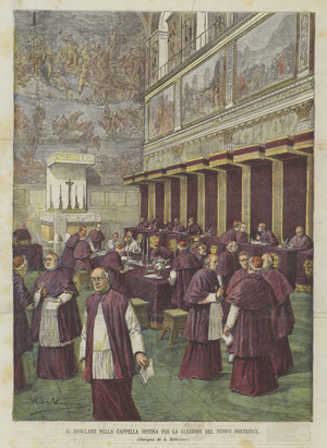 The Conclave in the Sistine Chapel for the Election of the New Pontiff (colour litho)