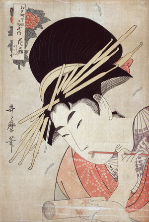 Courtesan, head-and-shoulders portrait, facing left, holding a scroll and chewing on the end of a brush by Utamaro Kitagawa
