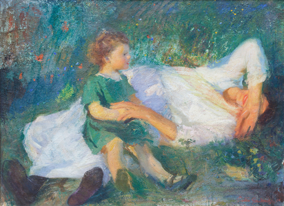 The wife and son on the lawn, 1918 (oil on canvas)