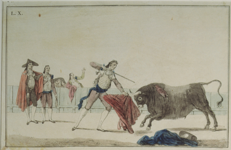 Suerte de Matar (Bullfighting stage), 18th century (colored engraving)