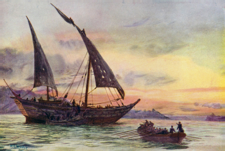 Boarding a slave dhow (colour litho)