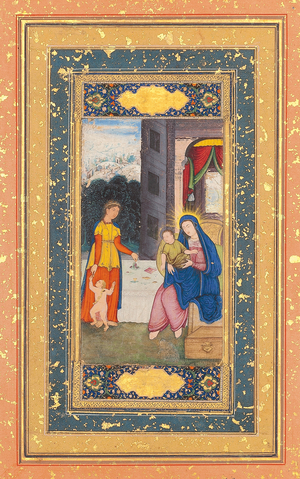 Madonna and Child visited by Elizabeth and John the Baptist, Mughal India, c.1610 (gouache heightened with gold on paper) (pair to 1775692)
