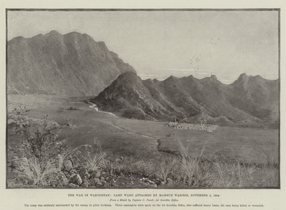 The War in Waziristan, Camp Wano attacked by Mahsud Waziris, 3 November 1894 (litho)