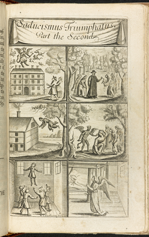 Scenes of levitation, and activities associated with witches and demons, from 'Saducismus Triumphatus', 1681 (engraving)