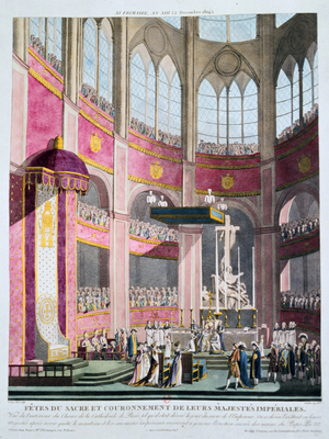 Cornation of Napoleon I and Empress Josephine, 2 December 1804. Hand-coloured engraving