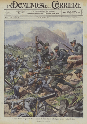 Our troops conquer the strong position of Monte Coston, on the plateau north-west of Arsiero (colour litho)
