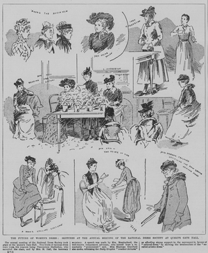 Women attending the annual meeting of the Rational Dress Society, Queen's Gate Hall, London, 1891 (engraving)