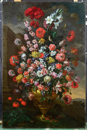 Lilies, Tulips, Carnations, Peonies, Convolvuli and Other Flowers in a Bronze Urn with Birds, a Tortoise and Butterflies in a Landscape, 1718 (oil on canvas)