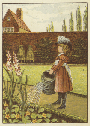 Girl watering the garden (colour litho)