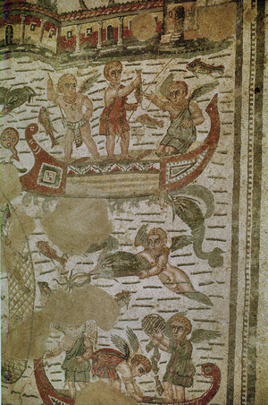 Erotes on boats playing in a pond;dolphins and other fish (mosaic)