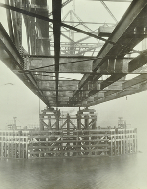 Thames Temporary Bridge: Battersea site, construction work in progress, 1943 (b/w photo)