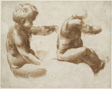 Two Life Studies of a nude Child, WA1846.213 (brush drawing in brown ink over metalpoint with some yellow ink on off-white paper)
