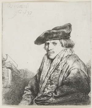 Young Man in a Velvet Cap with Books Beside Him, 1637 (etching)