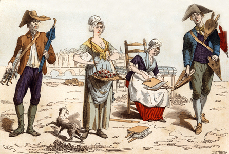 umbrellas, flowers traders, carder, bellows trader, 18th century, France, engraving