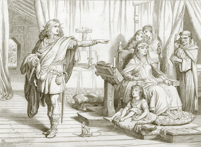 Hereward's interview with his mother and the priest Herluin (engraving)