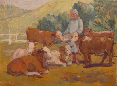 Girl Feeding Calves, 1940 (oil on paper)