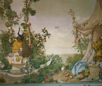 Garden scene with peacock and tent in the Garden Room of Schoenbrunn Palace …
