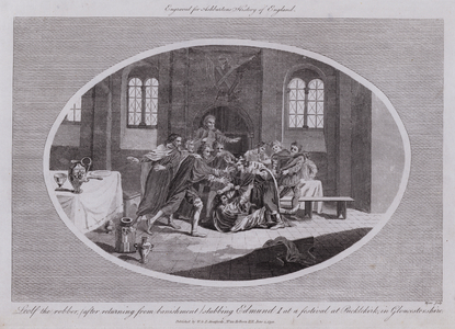 Leolf the robber, (after returning from banishment) stabbing Edmund I at a festival at Pucklekirk, in Gloucestershire (engraving)