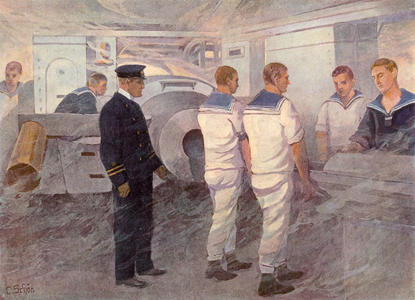 German navy sailors performing gunnery exercises wth a 12 inch gun (colour litho)