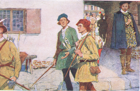 Shakespeare sees a party of apprentices with their bows and arrows going to the archery grounds at Moorfields, from My Magazine, pub.1922 (colour litho)