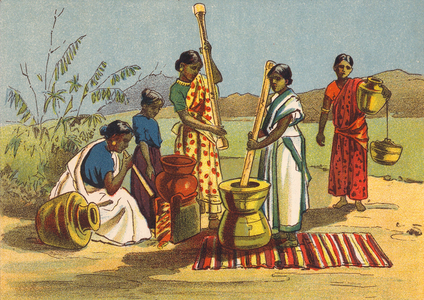 Women pounding rice, India (colour litho)