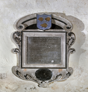 Monument to Dorcas and Esther Lewes, showing three hedgehogs within a shield at the top, c.1673 (stone)