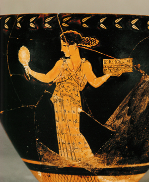 Woman holding a mirror and a jewel- or make-up box Red-figured skyphos …