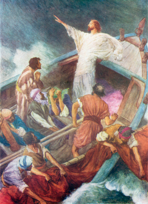 Jesus stilling the Storm (colour litho)