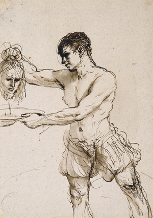 The Executioner holding the Head of Saint John the Baptist, c.1637 (pen and brown ink on light brown paper)