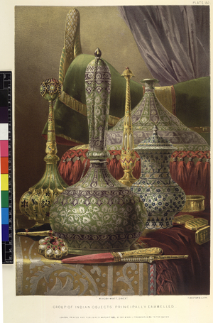 'Group of Indian Objects, Principally Enamelled', from 'The Industrial Arts of the nineteenth century. Illustrations of the choicest specimens produced by every nation at the Great Exhibition of the Works of Industry', 1851 (colour litho)