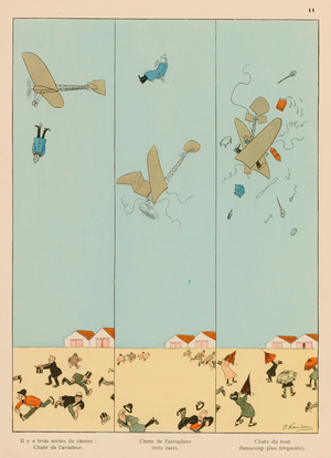 There are three kinds of falls: Fall of aviator; Fall of aeroplane (very rare); Fall of everything (much more frequent) (colour litho)