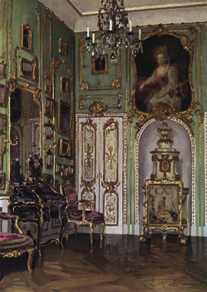 A corner of the Library in the Residence, Munich, Decorated from designs by Cuvillies, 1760-62 (colour litho)