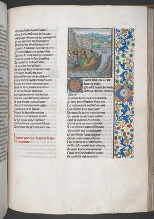 Miniature of the author, Jean de Courcy, in a boat with other men, following a rubric, 'L'acteur parle icy de soy et de ses dix naguers'. A lozenge bearing a white rose of the York family, with a Yorkist badge 'Dieu et mon droit' in the margin