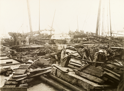 Typhoon devastation at East Point harbour, 1906 (b/w photo)