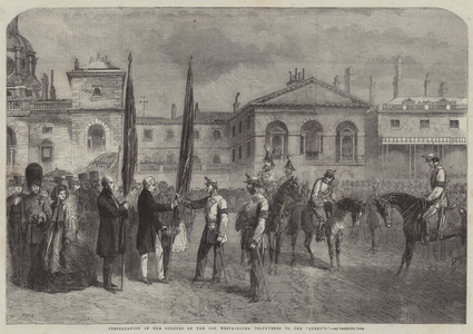 Presentation of the Colours of the Old Westminster Volunteers to the "Queen's" (engraving)