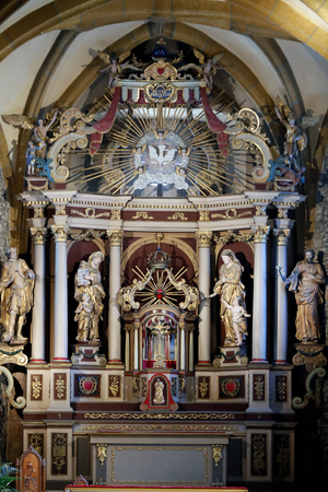The altarpiece, dated 1731, was sculpted and painted by Jean Baptiste Bozzo, sculptor of the Austrian emperor Ferdinand VI, Church of St, John the Baptist, Megeve, France, 2020 (photo)