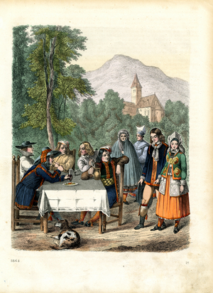 Swiss Folk Costumes and Alpine Rural Life (hand-coloured engraving)