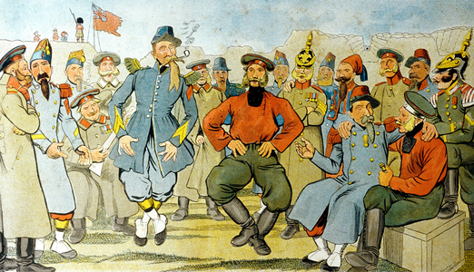 Soldiers of the Crimean War in the Trenches of Sebastopol (colour litho)