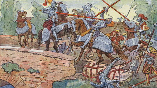 The Chevalier de Bayard single-handedly defending the bridge at Garigliano against the Spaniards, 1503 (colour litho)
