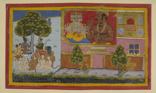 Kumbhakarṇa boasts of victory; Rāma plans to counter his terrifying presence, 1653 (miniature)