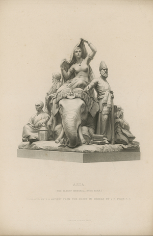 Statue depicting Asia which adorns the Albert Memorial (engraving)