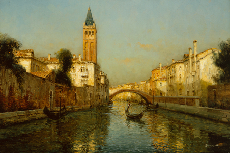 A Venetian Backwater with Campanile of San Barnaba Dorsoduro (oil on canvas)
