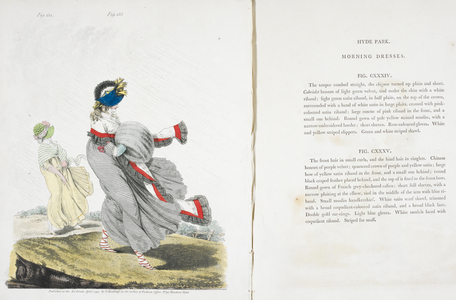 Morning dresses. Two women in Hyde Park, in windy weather. One wearing white sandals laced with coquelicot riband, with her hands in a large striped muff.