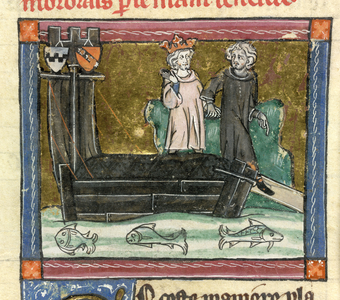 A king and another figure stepping off a boat