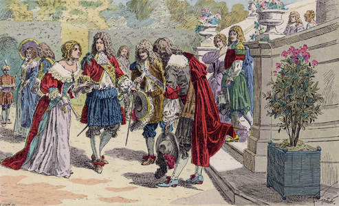 Louis XIV of France and his court at Versailles (colour litho)