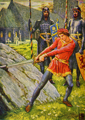 King Arthur pulls the sword from the stone.