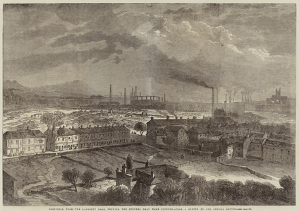 Sheffield, from the Langsett Road, showing the Suburbs that were flooded (engraving)