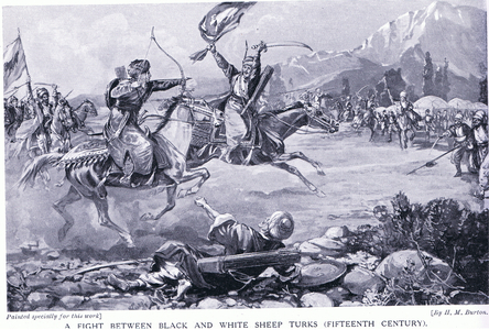 A fight between black and white sheep Turks in 15th century (litho)