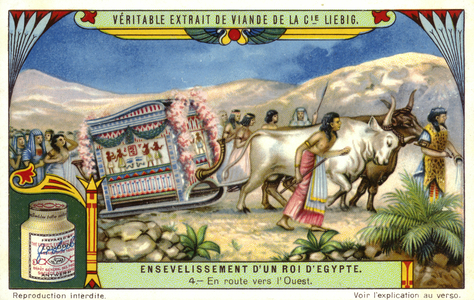 Procession carrying the body of a dead Egyptian pharaoh towards the west (chromolitho)