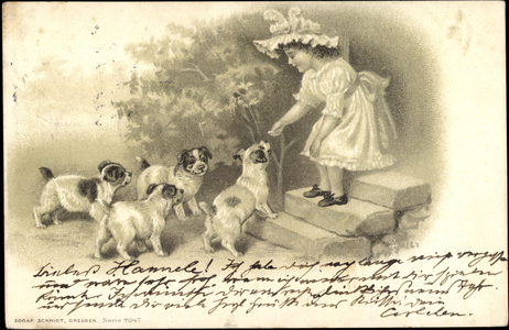 Embossing Litho Many Small Dog Puppies Girls in White Dress